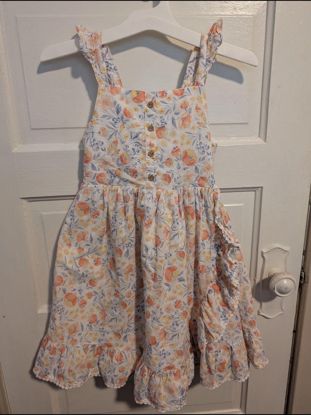 Floral Ruffle Sundress for Girls - White with Peach & Blue Flowers